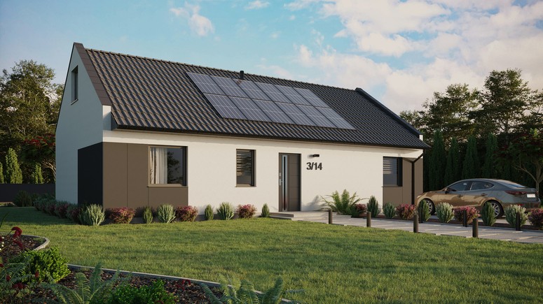 ERDOL 3 XL - Version Rechts (Wohnzimmer auf der rechten Seite) - Modernes Satteldach mit ausgebautem Dachboden -Dachneigung  35 Grad - keine Dachfenster - Standard - Styropor, Netz, Kleber - Anthrazit - Photovoltaik-Installation 4,8 kWp (12 Paneele)