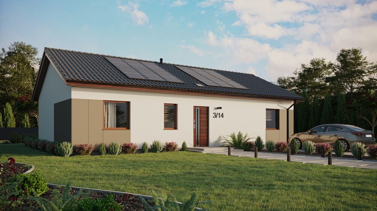 ERDOL 3 XL - Version Rechts (Wohnzimmer auf der rechten Seite) - Satteldach ohne ausgebautem Dachboden -Dachneigung  25 Grad - Starres Tunneldachfenster - Standard - Styropor, Netz, Kleber - Nusbaum - Photovoltaik-Installation 4,8 kWp (12 Paneele)