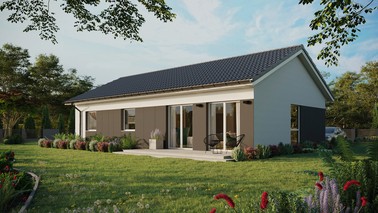 ERDOL 3 XL - Version Links (Wohnzimmer auf der linken Seite) - Satteldach ohne ausgebautem Dachboden -Dachneigung  25 Grad - keine Dachfenster - Balkontür im Esszimmer - Styropor, Netz, Kleber - Weiß - Ohne