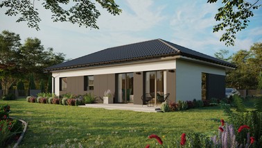 ERDOL 3 XL - Version Links (Wohnzimmer auf der linken Seite) - Walmdach ohne ausgebautem Dachboden - Dachneigung 25 Grad - keine Dachfenster - Balkontür im Esszimmer - Styropor, Netz, Kleber - Anthrazit