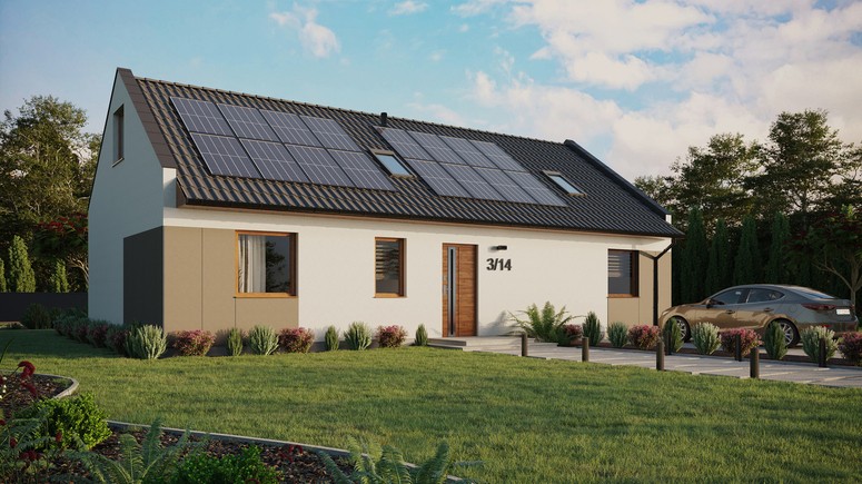 ERDOL 3 XL - Version Rechts (Wohnzimmer auf der rechten Seite) - Modernes Satteldach mit ausgebautem Dachboden -Dachneigung  35 Grad - Zwei Zimmer-Dachfenster und ein Badezimmer-Dachfenster - Standard - Styropor, Netz, Kleber - Goldene Eiche - Photovoltaik-Installation 6,4 kWp (16 Paneele)