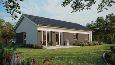 ERDOL 3 XL - Version Rechts (Wohnzimmer auf der rechten Seite) - Satteldach ohne ausgebautem Dachboden -Dachneigung  25 Grad - keine Dachfenster - Balkontür im Esszimmer - Styropor, Netz, Kleber - Weiß - Ohne