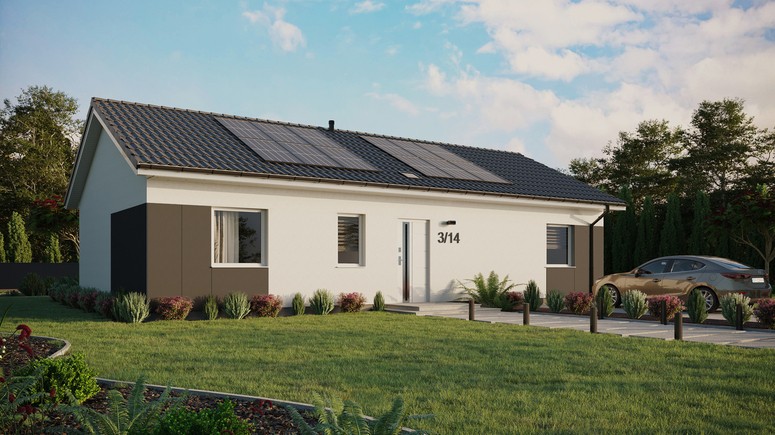 ERDOL 3 XL - Version Rechts (Wohnzimmer auf der rechten Seite) - Satteldach ohne ausgebautem Dachboden -Dachneigung  25 Grad - Starres Tunneldachfenster - Standard - Styropor, Netz, Kleber - Weiß - Photovoltaik-Installation 4,8 kWp (12 Paneele)