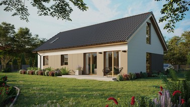 ERDOL 3 XL - Version Links (Wohnzimmer auf der linken Seite) - Satteldach mit ausgebautem Dachboden -Dachneigung  35 Grad - Dachfenster für Zimmer und Badezimmer - Balkontür im Esszimmer und Bodentiefes Fenster im Dachgeschoss - Styropor, Netz, Kleber - Winchester - Ohne