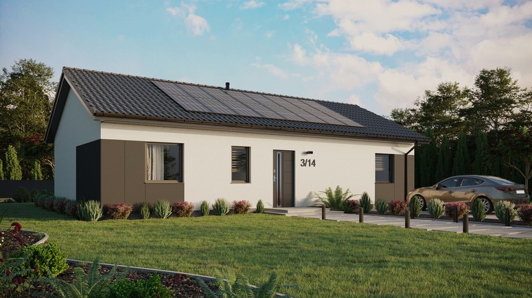 ERDOL 3 XL - Version Rechts (Wohnzimmer auf der rechten Seite) - Satteldach ohne ausgebautem Dachboden -Dachneigung  25 Grad - keine Dachfenster - Standard - Styropor, Netz, Kleber - Anthrazit - Photovoltaik-Installation 6,4 kWp (16 Paneele)