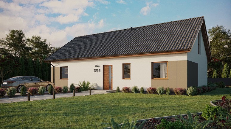 ERDOL 3 XL - Version Links (Wohnzimmer auf der linken Seite) - Satteldach mit ausgebautem Dachboden -Dachneigung  35 Grad - keine Dachfenster - Balkontür im Esszimmer und Bodentiefes Fenster im Dachgeschoss - Styropor, Netz, Kleber - Goldene Eiche - Ohne