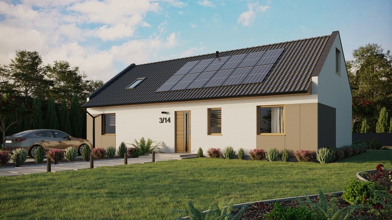 ERDOL 3 XL - Version Links (Wohnzimmer auf der linken Seite) - Modernes Satteldach mit ausgebautem Dachboden -Dachneigung  35 Grad - Dachfenster für Zimmer und Badezimmer - Standard - Styropor, Netz, Kleber - Winchester - Photovoltaik-Installation 4,8 kWp (12 Paneele)
