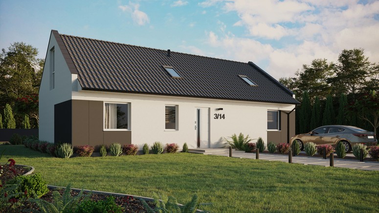 ERDOL 3 XL - Version Rechts (Wohnzimmer auf der rechten Seite) - Modernes Satteldach mit ausgebautem Dachboden -Dachneigung  35 Grad - Zwei Zimmer-Dachfenster und ein Badezimmer-Dachfenster - Balkontür im Esszimmer und Bodentiefes Fenster im Dachgeschoss - Styropor, Netz, Kleber - Weiß - Ohne