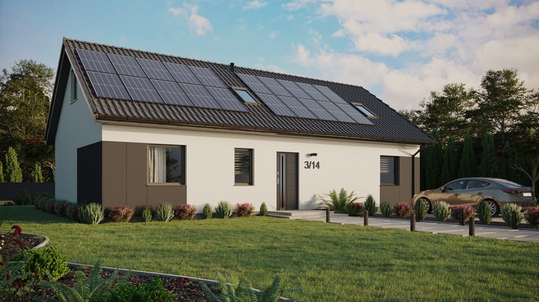 ERDOL 3 XL - Version Rechts (Wohnzimmer auf der rechten Seite) - Satteldach mit ausgebautem Dachboden -Dachneigung  35 Grad - Zwei Zimmer-Dachfenster und ein Badezimmer-Dachfenster - Standard - Styropor, Netz, Kleber - Anthrazit - Photovoltaik-Installation 8 kWp (20 Paneele)