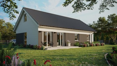 ERDOL 3 XL - Version Rechts (Wohnzimmer auf der rechten Seite) - Satteldach mit ausgebautem Dachboden -Dachneigung  35 Grad - keine Dachfenster - Balkontür im Esszimmer - Styropor, Netz, Kleber - Weiß - Ohne