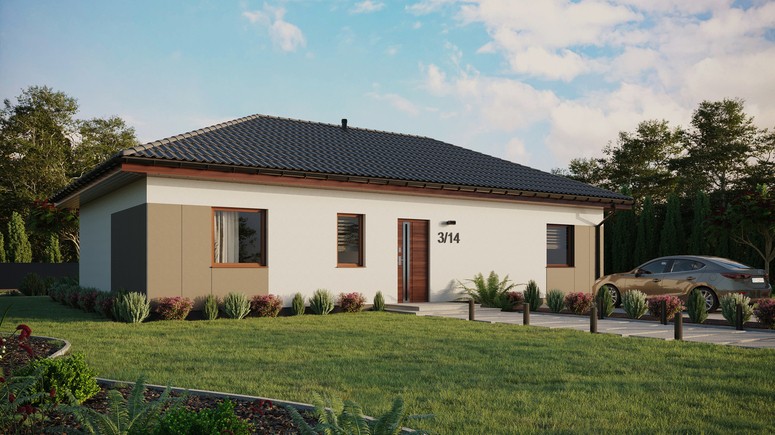 ERDOL 3 XL - Version Rechts (Wohnzimmer auf der rechten Seite) - Walmdach ohne ausgebautem Dachboden - Dachneigung 25 Grad - keine Dachfenster - Standard - Styropor, Netz, Kleber - Nusbaum