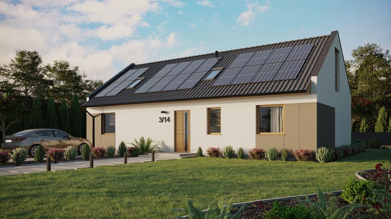 ERDOL 3 XL - Version Links (Wohnzimmer auf der linken Seite) - Modernes Satteldach mit ausgebautem Dachboden -Dachneigung  35 Grad - Zwei-Zimmer-Dachfenster - Balkontür im Esszimmer und Bodentiefes Fenster im Dachgeschoss - Styropor, Netz, Kleber - Winchester - Photovoltaik-Installation 8 kWp (20 Paneele)