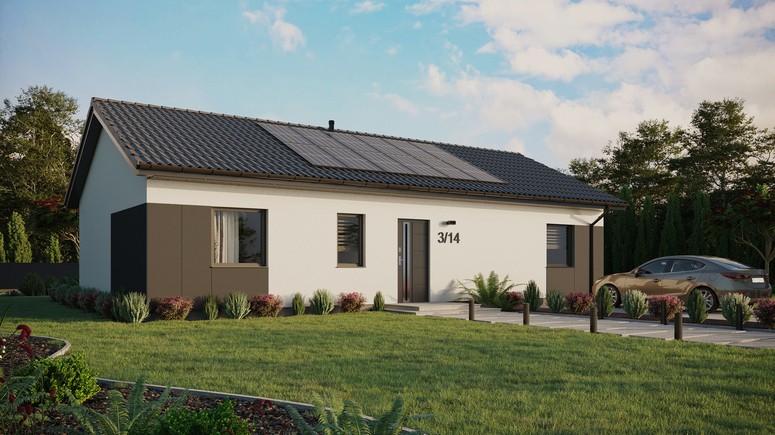 ERDOL 3 XL - Version Rechts (Wohnzimmer auf der rechten Seite) - Satteldach ohne ausgebautem Dachboden -Dachneigung  25 Grad - keine Dachfenster - Standard - Styropor, Netz, Kleber - Anthrazit - Photovoltaik-Installation 4,8 kWp (12 Paneele)