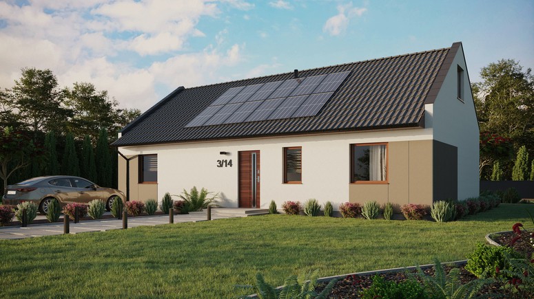 ERDOL 3 XL - Version Links (Wohnzimmer auf der linken Seite) - Modernes Satteldach mit ausgebautem Dachboden -Dachneigung  35 Grad - keine Dachfenster - Standard - Styropor, Netz, Kleber - Nusbaum - Photovoltaik-Installation 4,8 kWp (12 Paneele)