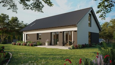 ERDOL 3 XL - Version Links (Wohnzimmer auf der linken Seite) - Satteldach mit ausgebautem Dachboden -Dachneigung  35 Grad - Dachfenster für Zimmer und Badezimmer - Balkontür im Esszimmer und Bodentiefes Fenster im Dachgeschoss - Styropor, Netz, Kleber - Anthrazit - Ohne