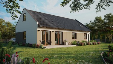 ERDOL 3 XL - Version Rechts (Wohnzimmer auf der rechten Seite) - Modernes Satteldach mit ausgebautem Dachboden -Dachneigung  35 Grad - Zwei Zimmer-Dachfenster und ein Badezimmer-Dachfenster - Standard - Styropor, Netz, Kleber - Nusbaum - Ohne