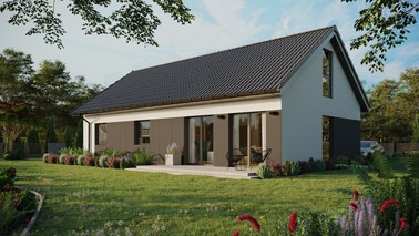 ERDOL 3 XL - Version Links (Wohnzimmer auf der linken Seite) - Satteldach mit ausgebautem Dachboden -Dachneigung  35 Grad - keine Dachfenster - Balkontür im Esszimmer und Bodentiefes Fenster im Dachgeschoss - Styropor, Netz, Kleber - Anthrazit - Ohne