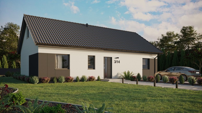 ERDOL 3 XL - Version Rechts (Wohnzimmer auf der rechten Seite) - Satteldach mit ausgebautem Dachboden -Dachneigung  35 Grad - keine Dachfenster - Standard - Styropor, Netz, Kleber - Anthrazit - Ohne