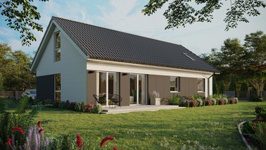 ERDOL 3 XL - Version Rechts (Wohnzimmer auf der rechten Seite) - Satteldach mit ausgebautem Dachboden -Dachneigung  35 Grad - Dachfenster für Zimmer und Badezimmer - Balkontür im Esszimmer und Bodentiefes Fenster im Dachgeschoss - Styropor, Netz, Kleber - Weiß - Ohne