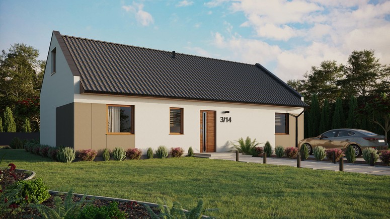 ERDOL 3 XL - Version Rechts (Wohnzimmer auf der rechten Seite) - Modernes Satteldach mit ausgebautem Dachboden -Dachneigung  35 Grad - keine Dachfenster - Standard - Styropor, Netz, Kleber - Goldene Eiche - Ohne