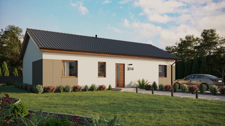 ERDOL 3 XL - Version Rechts (Wohnzimmer auf der rechten Seite) - Satteldach ohne ausgebautem Dachboden -Dachneigung  25 Grad - keine Dachfenster - Standard - Styropor, Netz, Kleber - Goldene Eiche - Ohne