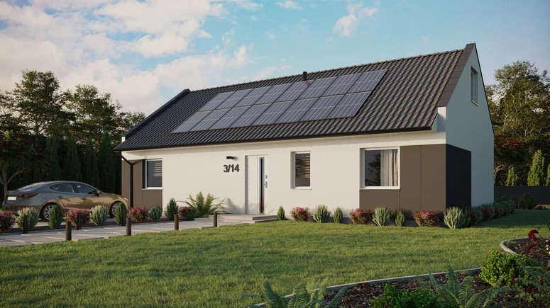 ERDOL 3 XL - Version Links (Wohnzimmer auf der linken Seite) - Modernes Satteldach mit ausgebautem Dachboden -Dachneigung  35 Grad - keine Dachfenster - Standard - Styropor, Netz, Kleber - Weiß - Photovoltaik-Installation 6,4 kWp (16 Paneele)