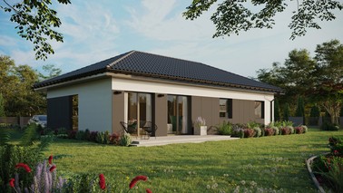 ERDOL 3 XL - Version Rechts (Wohnzimmer auf der rechten Seite) - Walmdach ohne ausgebautem Dachboden - Dachneigung 25 Grad - keine Dachfenster - Balkontür im Esszimmer - Styropor, Netz, Kleber - Anthrazit