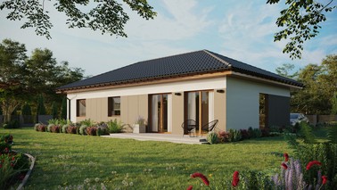 ERDOL 3 XL - Version Links (Wohnzimmer auf der linken Seite) - Walmdach ohne ausgebautem Dachboden - Dachneigung 25 Grad - keine Dachfenster - Balkontür im Esszimmer - Styropor, Netz, Kleber - Goldene Eiche