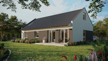 ERDOL 3 XL - Version Links (Wohnzimmer auf der linken Seite) - Modernes Satteldach mit ausgebautem Dachboden -Dachneigung  35 Grad - Zwei Zimmer-Dachfenster und ein Badezimmer-Dachfenster - Balkontür im Esszimmer - Styropor, Netz, Kleber - Weiß - Ohne