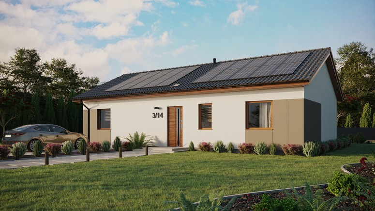 ERDOL 3 XL - Version Links (Wohnzimmer auf der linken Seite) - Satteldach ohne ausgebautem Dachboden -Dachneigung  25 Grad - Starres Tunneldachfenster - Standard - Styropor, Netz, Kleber - Goldene Eiche - Photovoltaik-Installation 8 kWp (20 Paneele)