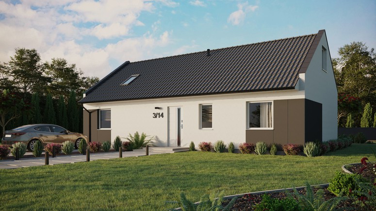 ERDOL 3 XL - Version Links (Wohnzimmer auf der linken Seite) - Modernes Satteldach mit ausgebautem Dachboden -Dachneigung  35 Grad - Dachfenster für Zimmer und Badezimmer - Standard - Styropor, Netz, Kleber - Weiß - Ohne