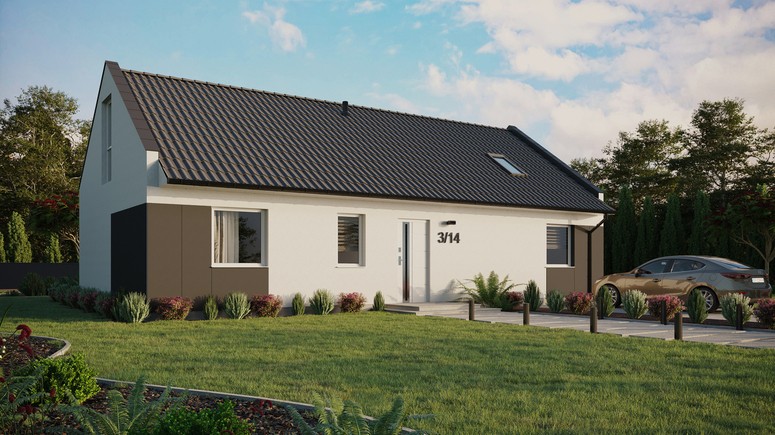 ERDOL 3 XL - Version Rechts (Wohnzimmer auf der rechten Seite) - Modernes Satteldach mit ausgebautem Dachboden -Dachneigung  35 Grad - Dachfenster für Zimmer und Badezimmer - Balkontür im Esszimmer und Bodentiefes Fenster im Dachgeschoss - Styropor, Netz, Kleber - Weiß - Ohne