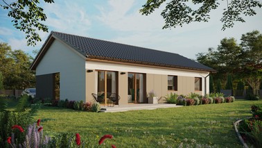 ERDOL 3 XL - Version Rechts (Wohnzimmer auf der rechten Seite) - Satteldach ohne ausgebautem Dachboden -Dachneigung  25 Grad - keine Dachfenster - Balkontür im Esszimmer - Styropor, Netz, Kleber - Goldene Eiche - Ohne