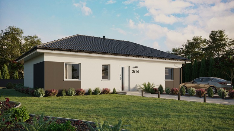 ERDOL 3 XL - Version Rechts (Wohnzimmer auf der rechten Seite) - Walmdach ohne ausgebautem Dachboden - Dachneigung 25 Grad - keine Dachfenster - Standard - Styropor, Netz, Kleber - Weiß