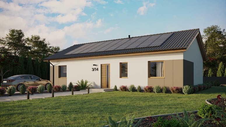 ERDOL 3 XL - Version Links (Wohnzimmer auf der linken Seite) - Satteldach ohne ausgebautem Dachboden -Dachneigung  25 Grad - keine Dachfenster - Standard - Styropor, Netz, Kleber - Winchester - Photovoltaik-Installation 8 kWp (20 Paneele)