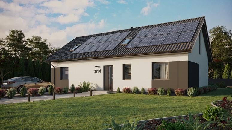 ERDOL 3 XL - Version Links (Wohnzimmer auf der linken Seite) - Satteldach mit ausgebautem Dachboden -Dachneigung  35 Grad - Zwei-Zimmer-Dachfenster - Balkontür im Esszimmer und Bodentiefes Fenster im Dachgeschoss - Styropor, Netz, Kleber - Anthrazit - Photovoltaik-Installation 8 kWp (20 Paneele)