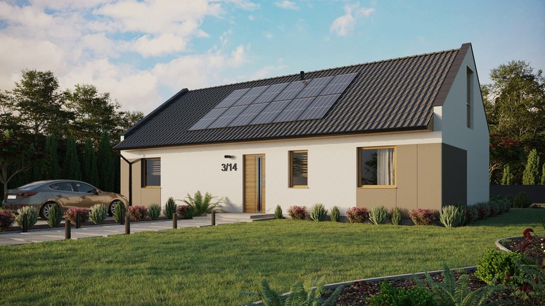 ERDOL 3 XL - Version Links (Wohnzimmer auf der linken Seite) - Modernes Satteldach mit ausgebautem Dachboden -Dachneigung  35 Grad - keine Dachfenster - Bodentiefes Fenster im Dachgeschoss - Styropor, Netz, Kleber - Winchester - Photovoltaik-Installation 4,8 kWp (12 Paneele)