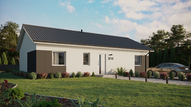 ERDOL 3 XL - Version Rechts (Wohnzimmer auf der rechten Seite) - Satteldach ohne ausgebautem Dachboden -Dachneigung  25 Grad - keine Dachfenster - Standard - Styropor, Netz, Kleber - Weiß - Ohne