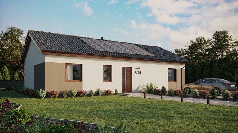 ERDOL 3 XL - Version Rechts (Wohnzimmer auf der rechten Seite) - Satteldach ohne ausgebautem Dachboden -Dachneigung  25 Grad - keine Dachfenster - Standard - Styropor, Netz, Kleber - Nusbaum - Photovoltaik-Installation 4,8 kWp (12 Paneele)