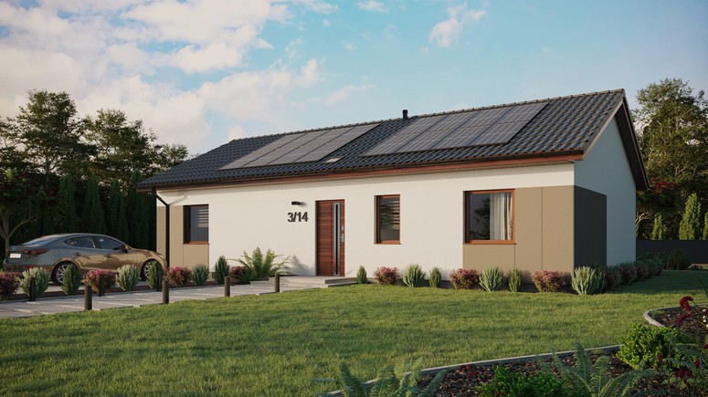 ERDOL 3 XL - Version Links (Wohnzimmer auf der linken Seite) - Satteldach ohne ausgebautem Dachboden -Dachneigung  25 Grad - Starres Tunneldachfenster - Standard - Styropor, Netz, Kleber - Nusbaum - Photovoltaik-Installation 6,4 kWp (16 Paneele)