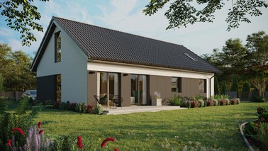 ERDOL 3 XL - Version Rechts (Wohnzimmer auf der rechten Seite) - Satteldach mit ausgebautem Dachboden -Dachneigung  35 Grad - Dachfenster für Zimmer und Badezimmer - Balkontür im Esszimmer und Bodentiefes Fenster im Dachgeschoss - Styropor, Netz, Kleber - Anthrazit - Ohne