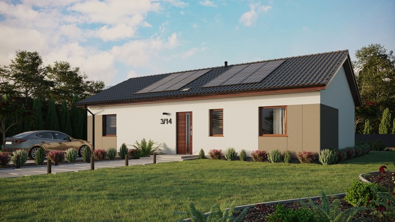 ERDOL 3 XL - Version Links (Wohnzimmer auf der linken Seite) - Satteldach ohne ausgebautem Dachboden -Dachneigung  25 Grad - Starres Tunneldachfenster - Standard - Styropor, Netz, Kleber - Nusbaum - Photovoltaik-Installation 4,8 kWp (12 Paneele)