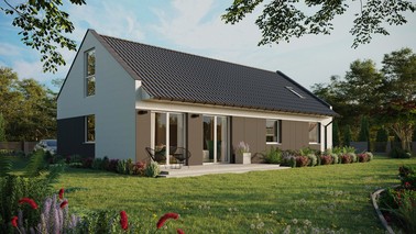 ERDOL 3 XL - Version Rechts (Wohnzimmer auf der rechten Seite) - Modernes Satteldach mit ausgebautem Dachboden -Dachneigung  35 Grad - Dachfenster für Zimmer und Badezimmer - Bodentiefes Fenster im Dachgeschoss - Styropor, Netz, Kleber - Weiß - Ohne