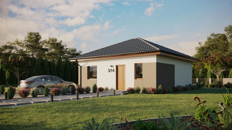 ERDOL 1 - Version Links (Wohnzimmer auf der linken Seite) - Walmdach ohne ausgebautem Dachboden - Dachneigung 25 Grad - keine Dachfenster - Balkontür im Esszimmer - Styropor, Netz, Kleber - Goldene Eiche