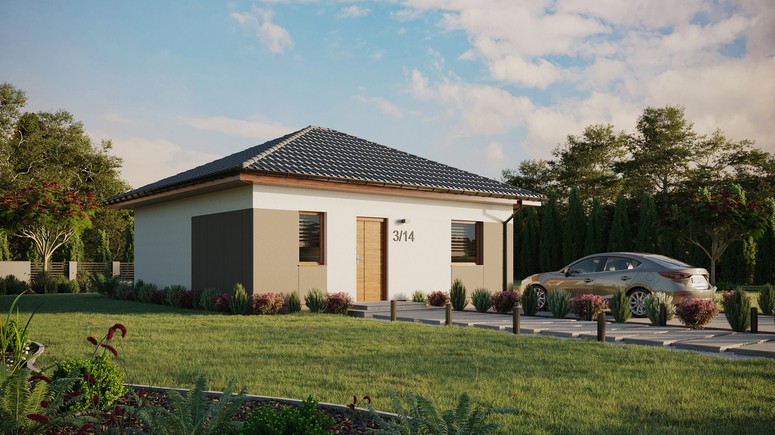 ERDOL 1 - Version Rechts (Wohnzimmer auf der rechten Seite) - Walmdach ohne ausgebautem Dachboden - Dachneigung 25 Grad - keine Dachfenster - Balkontür im Esszimmer - Styropor, Netz, Kleber - Goldene Eiche