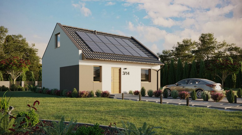 ERDOL 1 - Version Rechts (Wohnzimmer auf der rechten Seite) - Modernes Satteldach mit ausgebautem Dachboden -Dachneigung  35 Grad - keine Dachfenster - Standard - Styropor, Netz, Kleber - Winchester - Photovoltaik-Installation 4,8 kWp (12 Paneele)