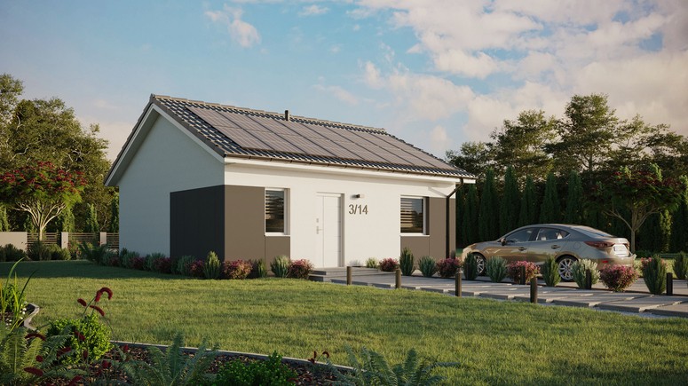 ERDOL 1 - Version Rechts (Wohnzimmer auf der rechten Seite) - Satteldach ohne ausgebautem Dachboden -Dachneigung  25 Grad - keine Dachfenster - Standard - Styropor, Netz, Kleber - Weiß - Photovoltaik-Installation 6,4 kWp (16 Paneele)