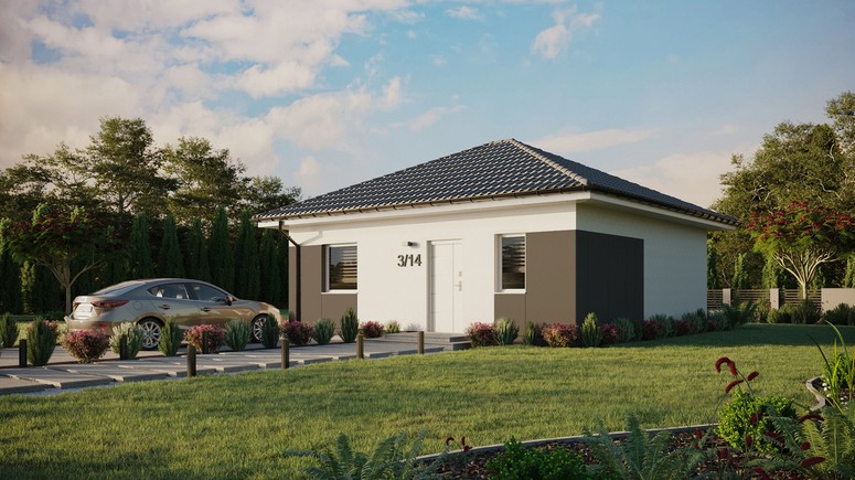 ERDOL 1 - Version Links (Wohnzimmer auf der linken Seite) - Walmdach ohne ausgebautem Dachboden - Dachneigung 25 Grad - keine Dachfenster - Balkontür im Esszimmer - Styropor, Netz, Kleber - Weiß