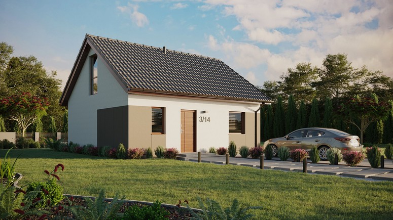 ERDOL 1 - Version Rechts (Wohnzimmer auf der rechten Seite) - Satteldach mit ausgebautem Dachboden -Dachneigung  35 Grad - keine Dachfenster - Balkontür im Esszimmer und Bodentiefes Fenster im Dachgeschoss - Styropor, Netz, Kleber - Nusbaum - Ohne