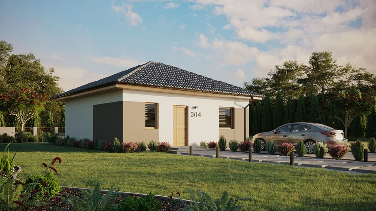 ERDOL 1 - Version Rechts (Wohnzimmer auf der rechten Seite) - Walmdach ohne ausgebautem Dachboden - Dachneigung 25 Grad - keine Dachfenster - Standard - Styropor, Netz, Kleber - Winchester